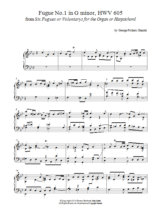 George Frideric Handel Fugue No.1 In G Minor (From 6 Fugues) HWV 605 sheet music notes and chords arranged for Piano Solo