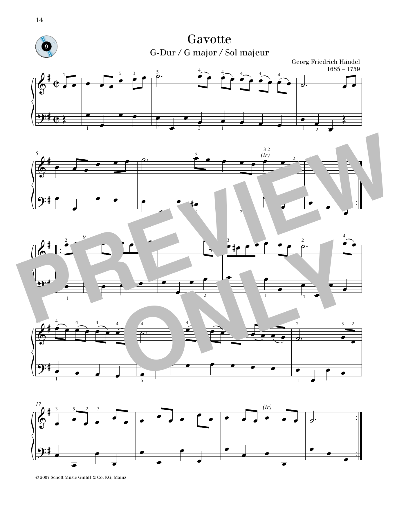 George Frideric Handel Gavotte G major sheet music notes and chords arranged for Piano Solo