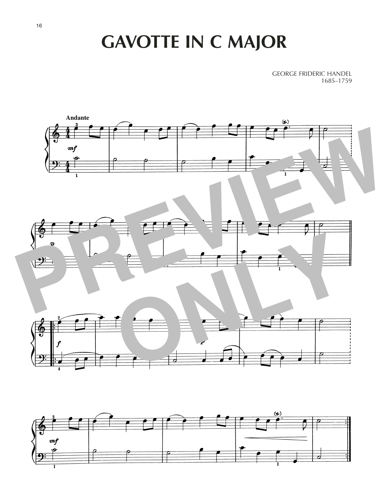 George Frideric Handel Gavotte In C Major sheet music notes and chords arranged for Piano Solo