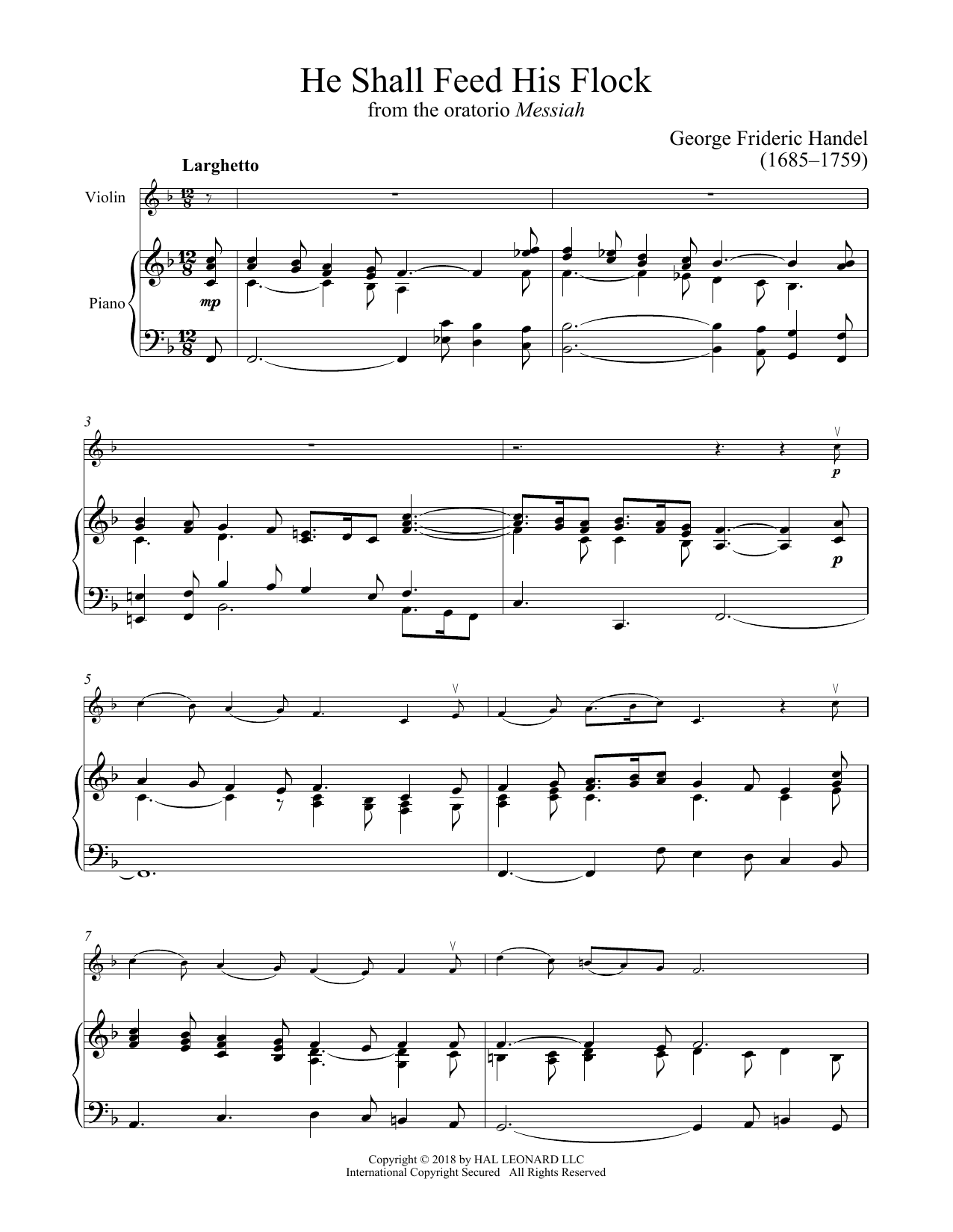 George Frideric Handel He Shall Feed His Flock sheet music notes and chords arranged for Violin and Piano