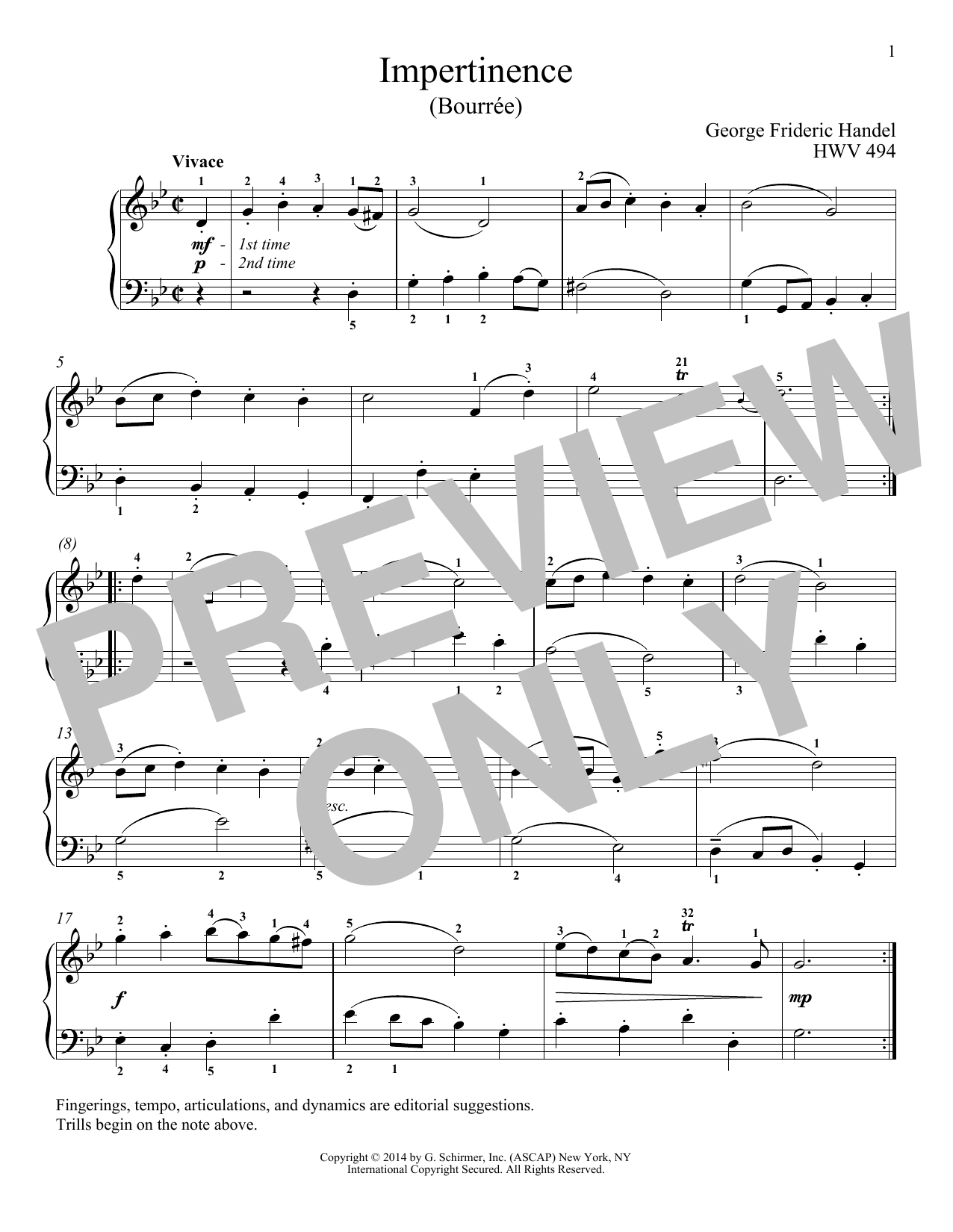 George Frideric Handel Impertinence, HWV 494 sheet music notes and chords arranged for Piano Solo
