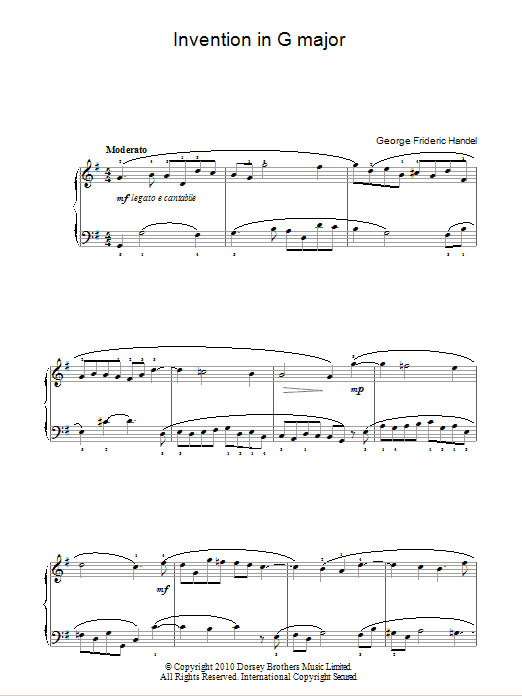George Frideric Handel Invention In G sheet music notes and chords arranged for Easy Piano