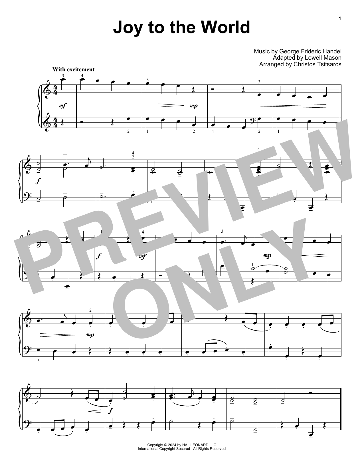 George Frideric Handel Joy To The World (arr. Christos Tsitsaros) sheet music notes and chords arranged for Easy Piano Solo