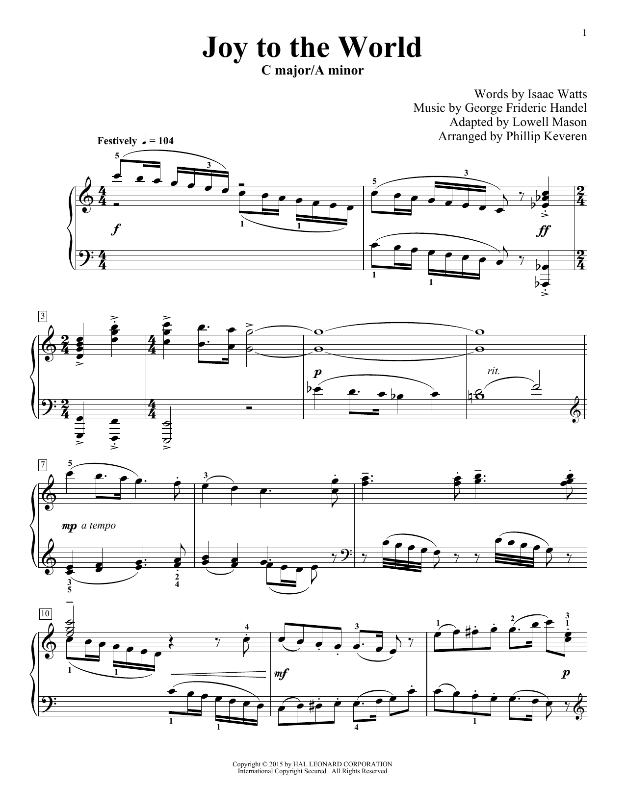 George Frideric Handel Joy To The World (arr. Phillip Keveren) sheet music notes and chords arranged for Easy Piano Solo