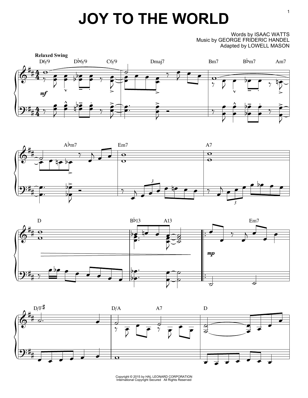 George Frideric Handel Joy To The World [Jazz version] (arr. Brent Edstrom) sheet music notes and chords arranged for Piano Solo