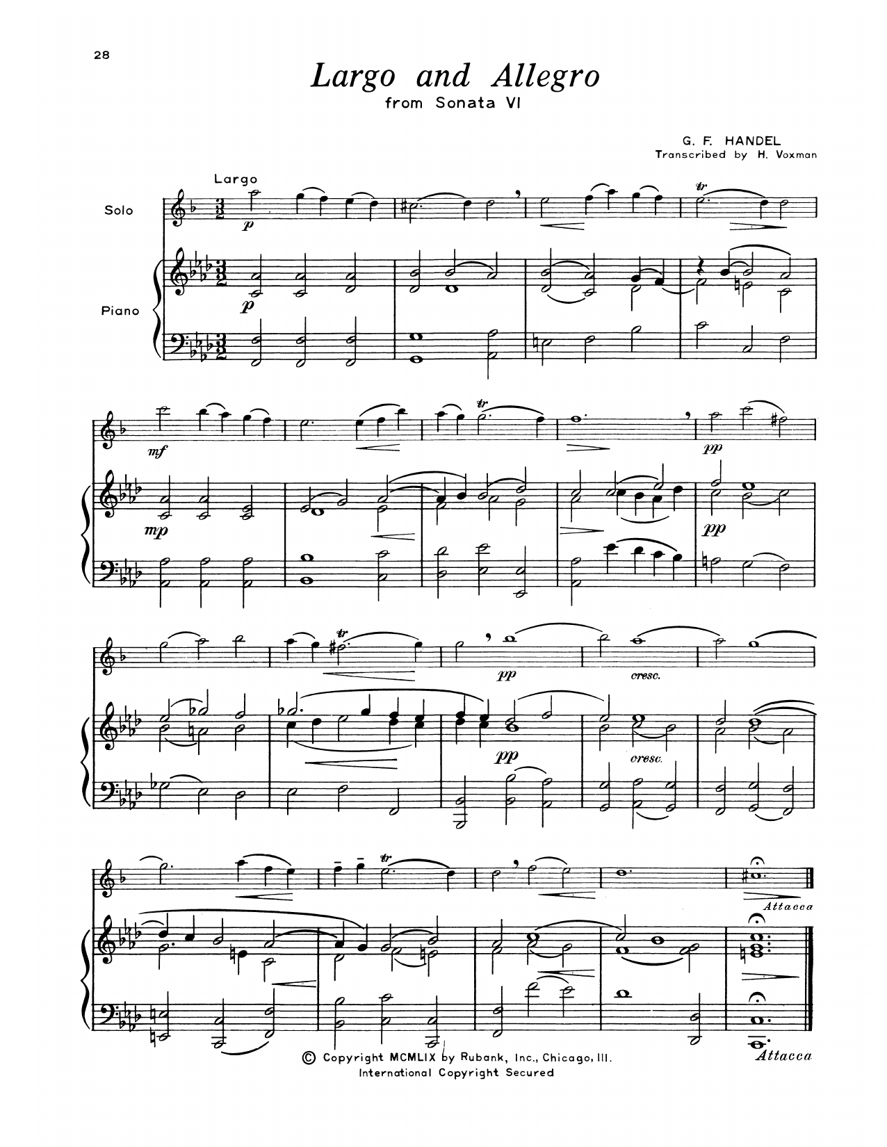 George Frideric Handel Largo & Allegro sheet music notes and chords arranged for Alto Sax and Piano