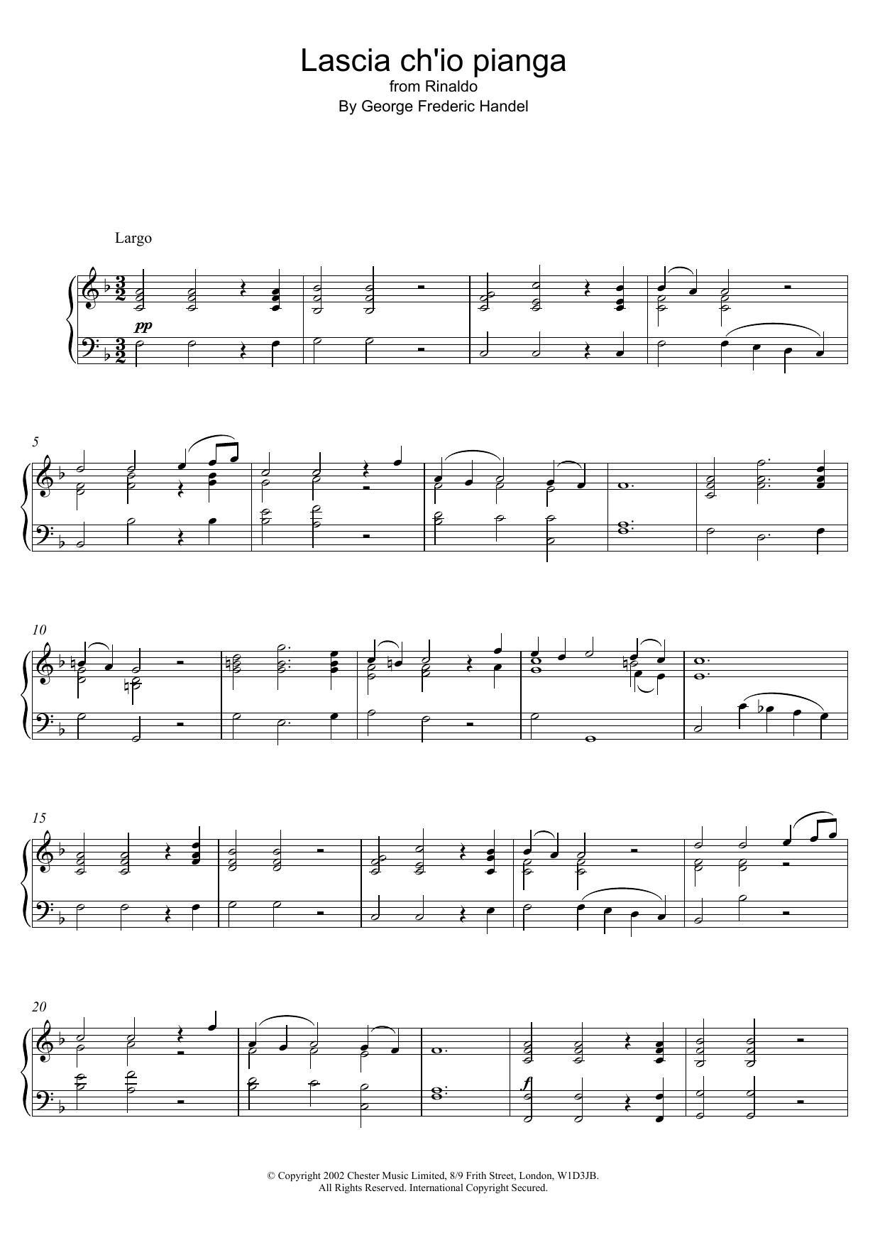 George Frideric Handel Lascia Ch'io Pianga (from Rinaldo) sheet music notes and chords arranged for Piano Solo