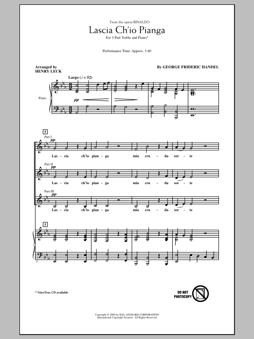 George Frideric Handel Lascia Ch'io Pianga sheet music notes and chords arranged for Piano & Vocal