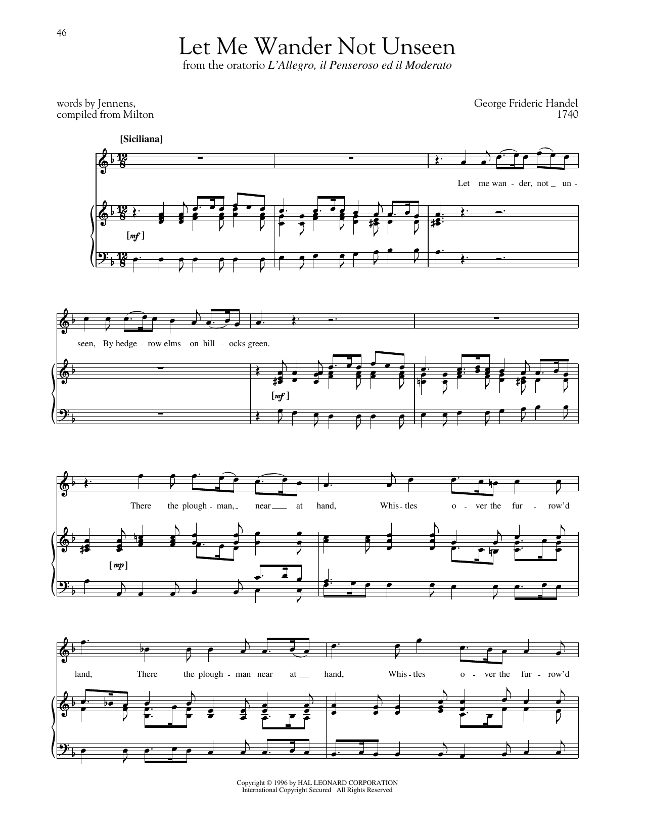 George Frideric Handel Let Me Wander Not Unseen sheet music notes and chords arranged for Piano & Vocal