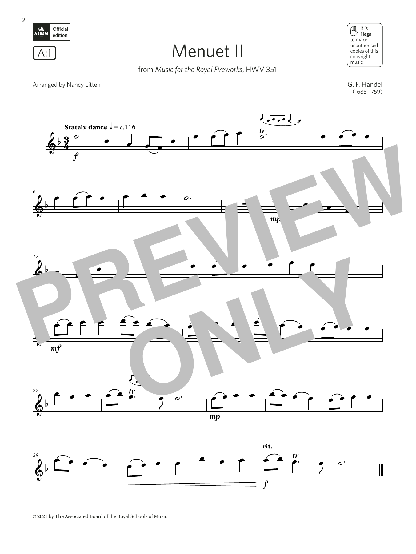 George Frideric Handel Menuet II (Music for the Royal Fireworks) (Grade 2 List A1 from the ABRSM Flute syllabus from 2022) sheet music notes and chords arranged for Flute Solo
