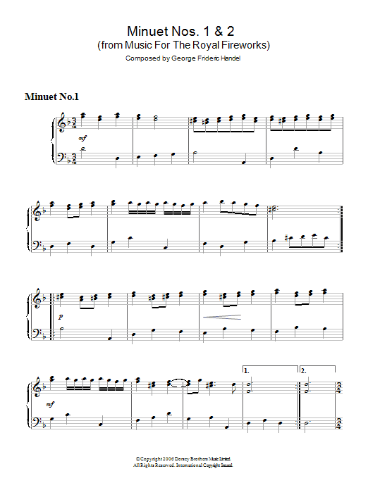 George Frideric Handel Minuet Nos.1 & 2 (from Music For The Royal Fireworks) sheet music notes and chords arranged for Piano Solo