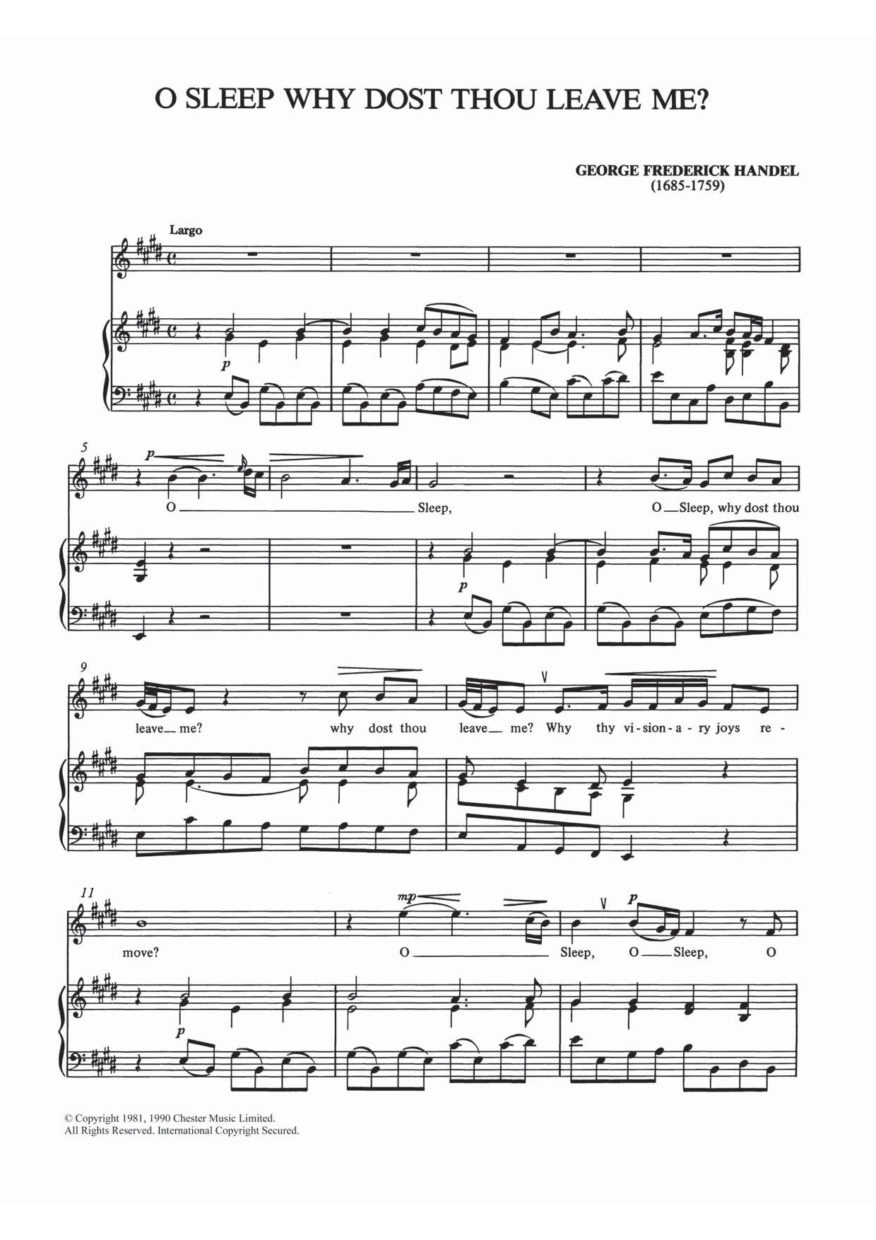 George Frideric Handel O Sleep Why Dost Thou Leave Me? sheet music notes and chords arranged for Piano & Vocal