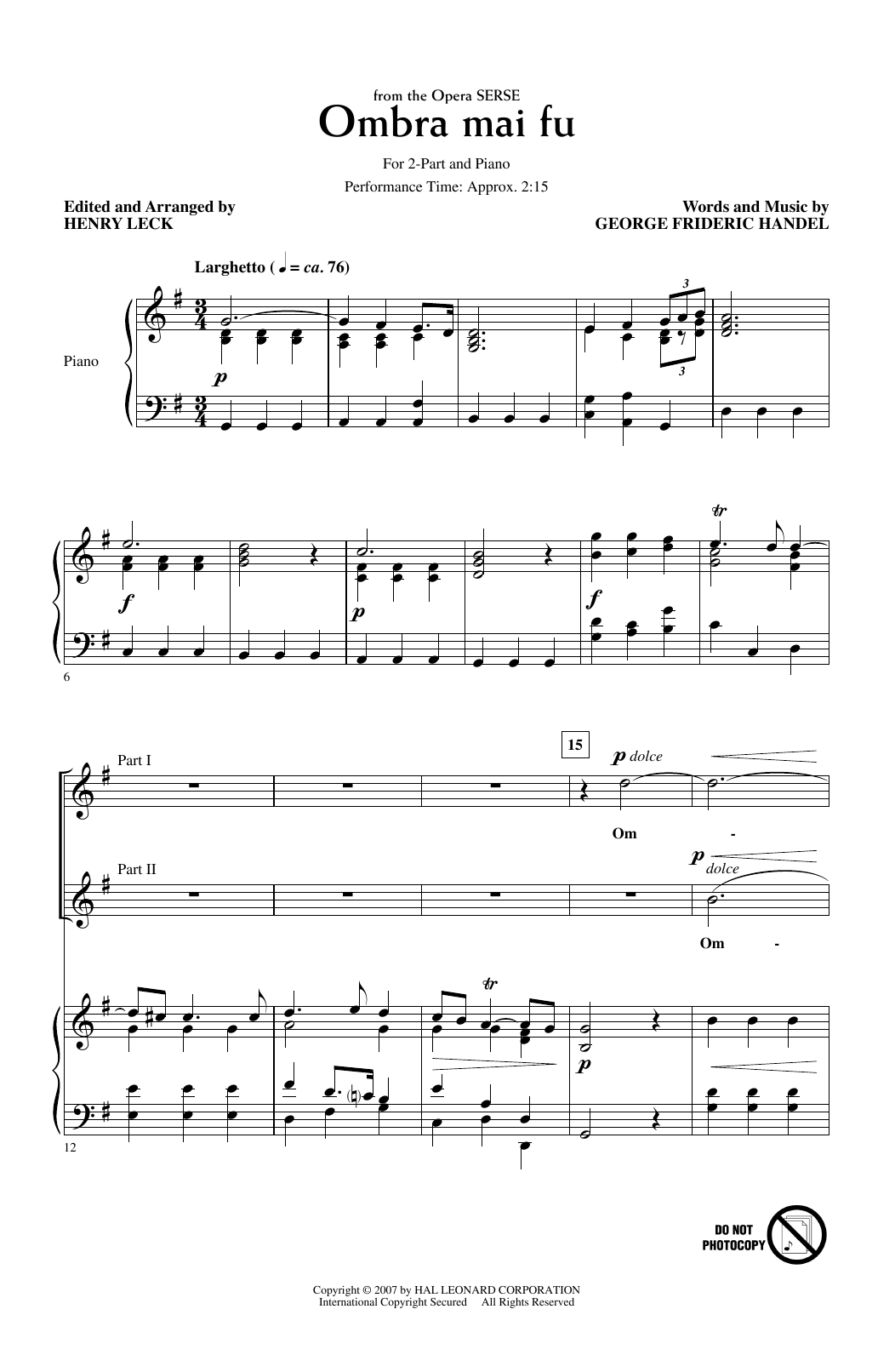 George Frideric Handel Ombra Mai Fu (from Serse) (arr. Henry Leck) sheet music notes and chords arranged for 2-Part Choir