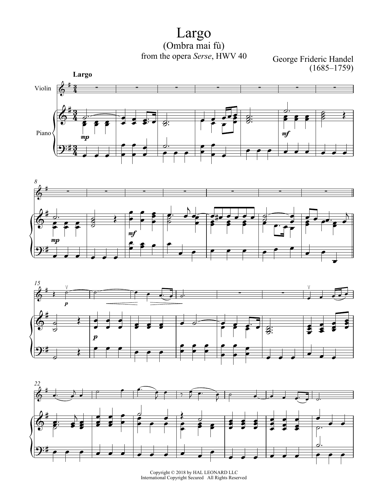 George Frideric Handel Ombra Mai Fu sheet music notes and chords arranged for Cello and Piano