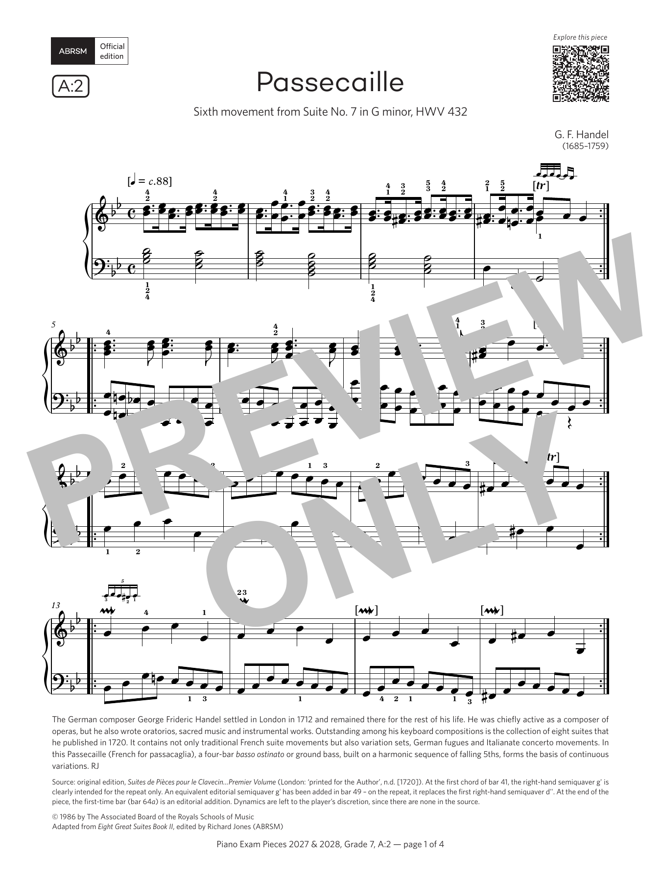 George Frideric Handel Passacaille (Grade 7, list A2, from the ABRSM Piano Syllabus 2027 & 2028) sheet music notes and chords arranged for Piano Solo