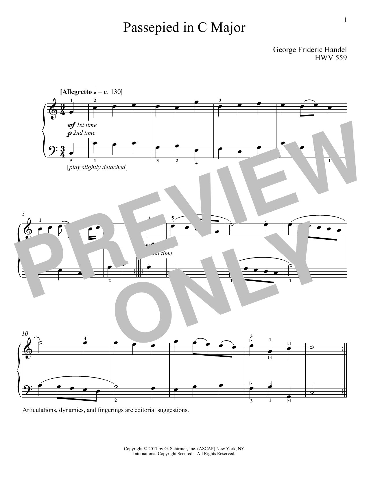 George Frideric Handel Passepied In C Major, HWV 559 sheet music notes and chords arranged for Educational Piano