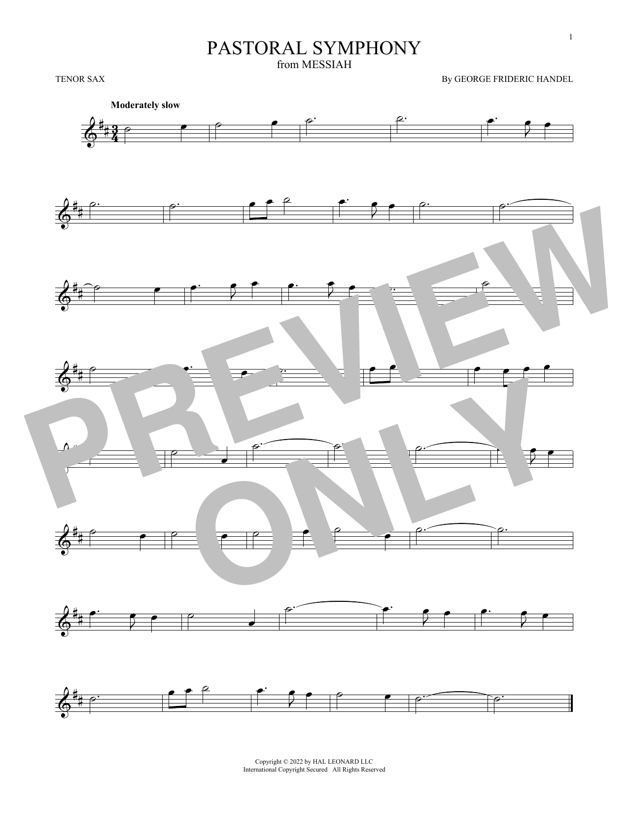 George Frideric Handel Pastoral Symphony sheet music notes and chords arranged for Tenor Sax Solo