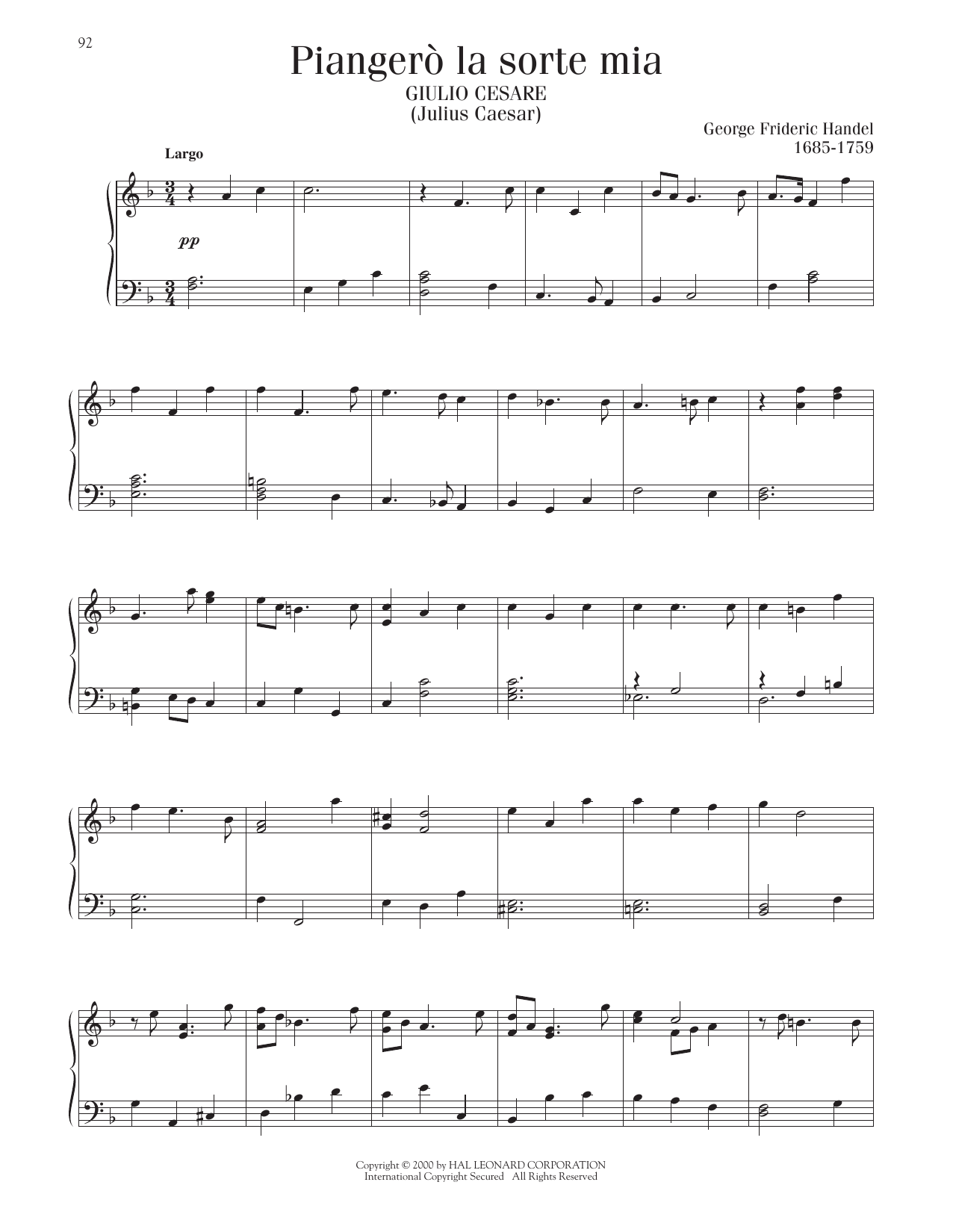 George Frideric Handel Piangero La Sorte Mia sheet music notes and chords arranged for Piano Solo