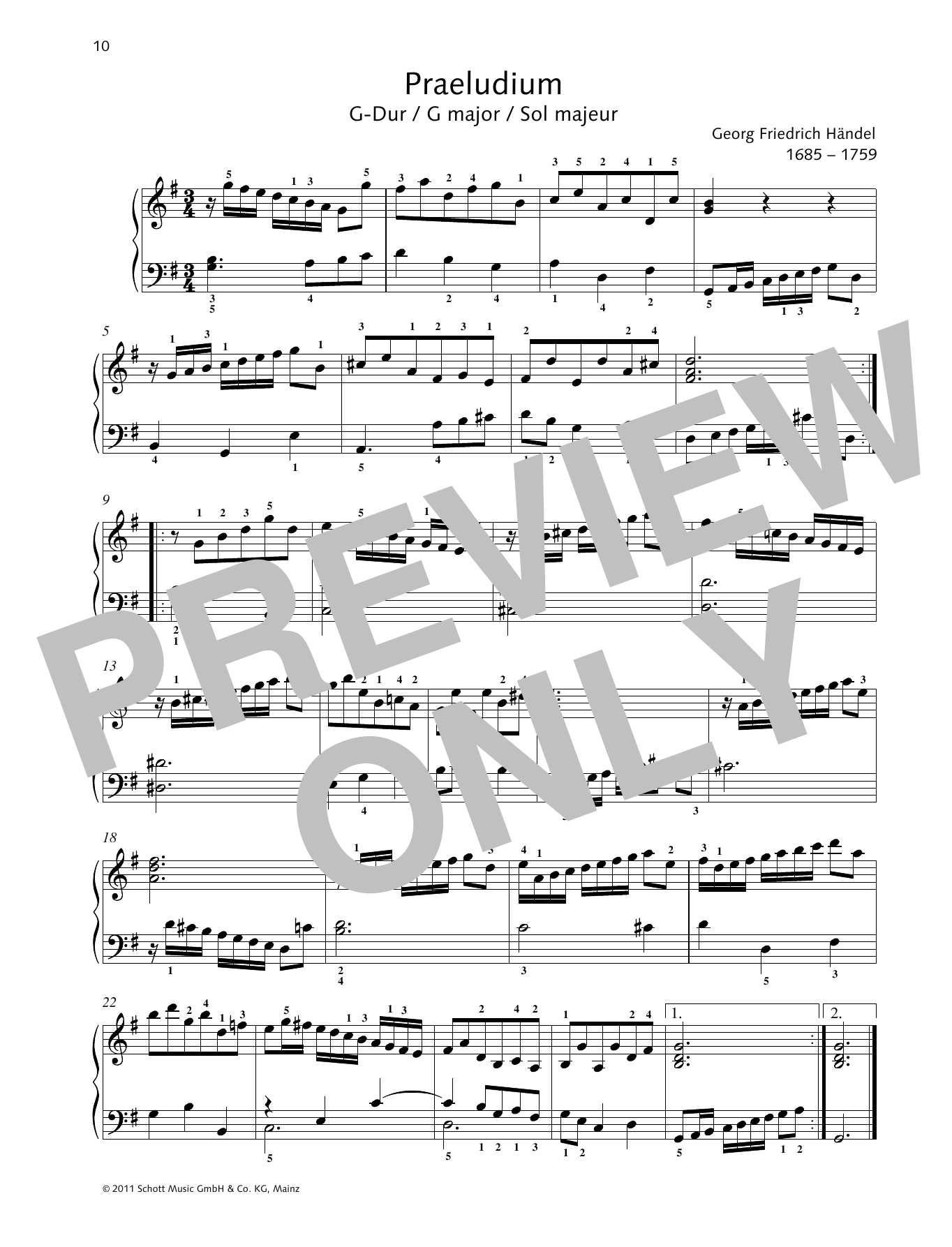 George Frideric Handel Prelude G major sheet music notes and chords arranged for Piano Solo