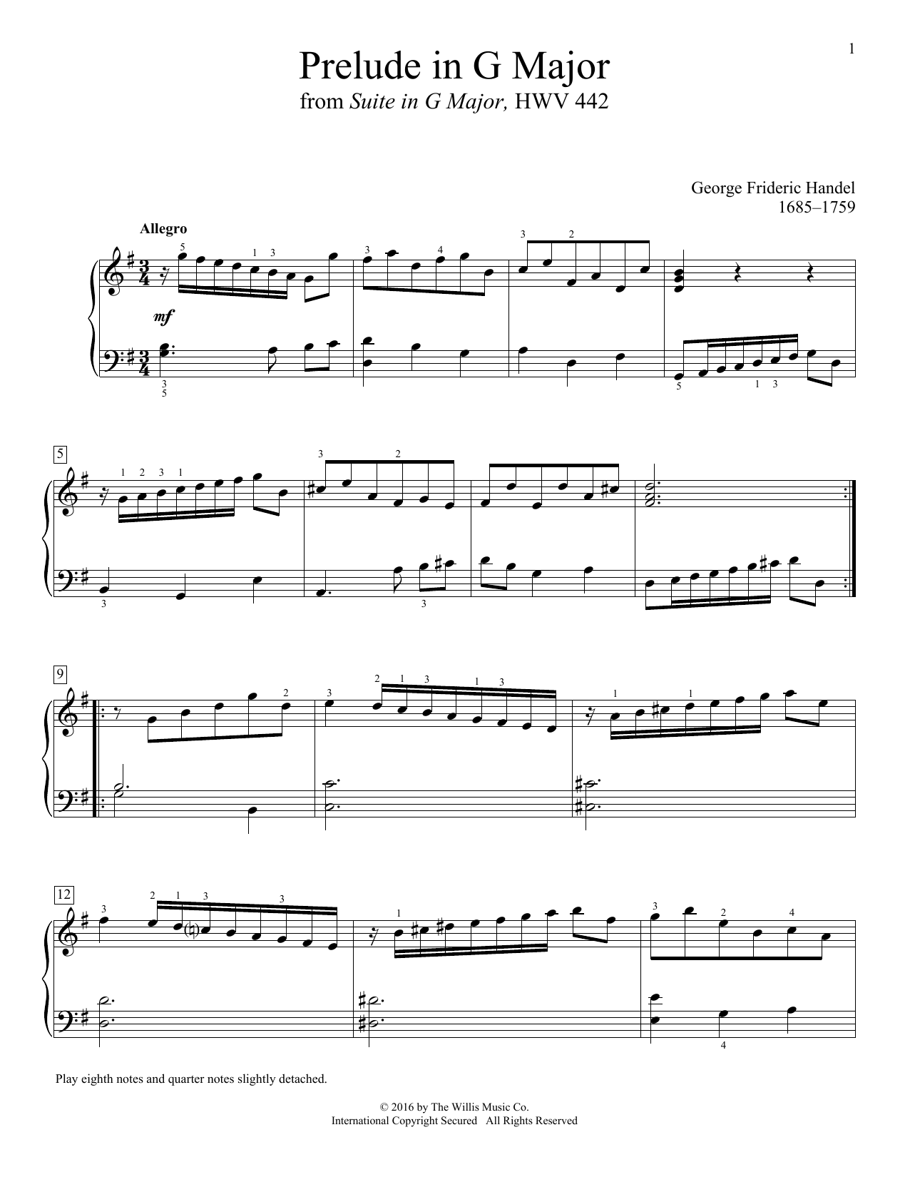 George Frideric Handel Prelude In G Major sheet music notes and chords arranged for Educational Piano