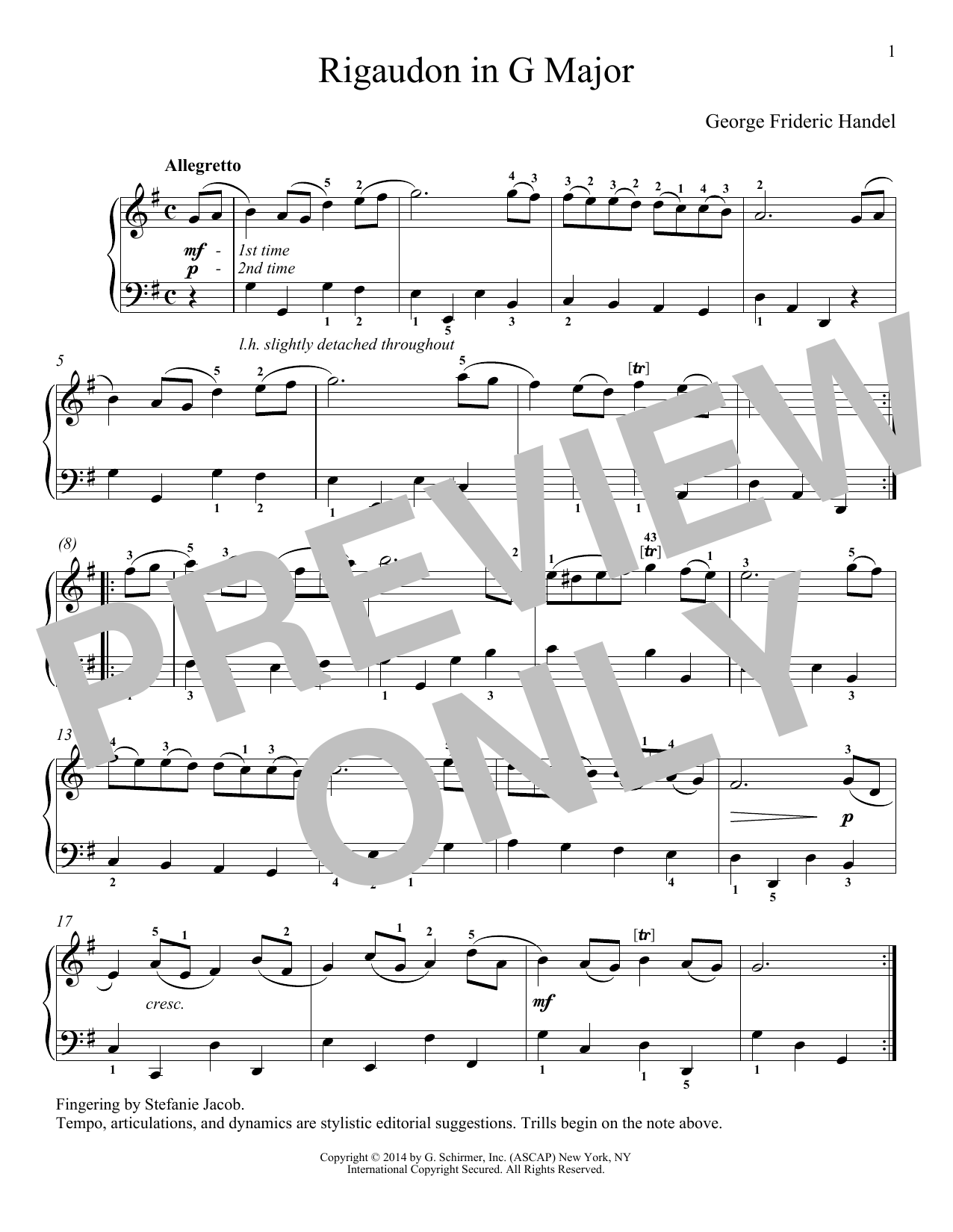 George Frideric Handel Rigaudon sheet music notes and chords arranged for Piano Solo