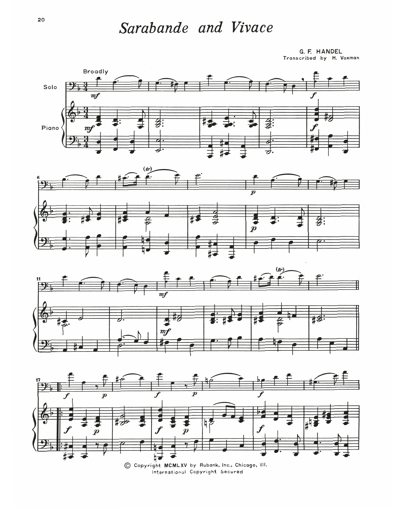 George Frideric Handel Sarabande & Vivace sheet music notes and chords arranged for Trombone and Piano