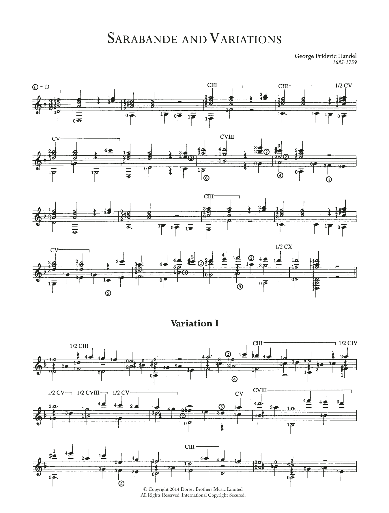 George Frideric Handel Sarabande And Variations sheet music notes and chords arranged for Easy Guitar