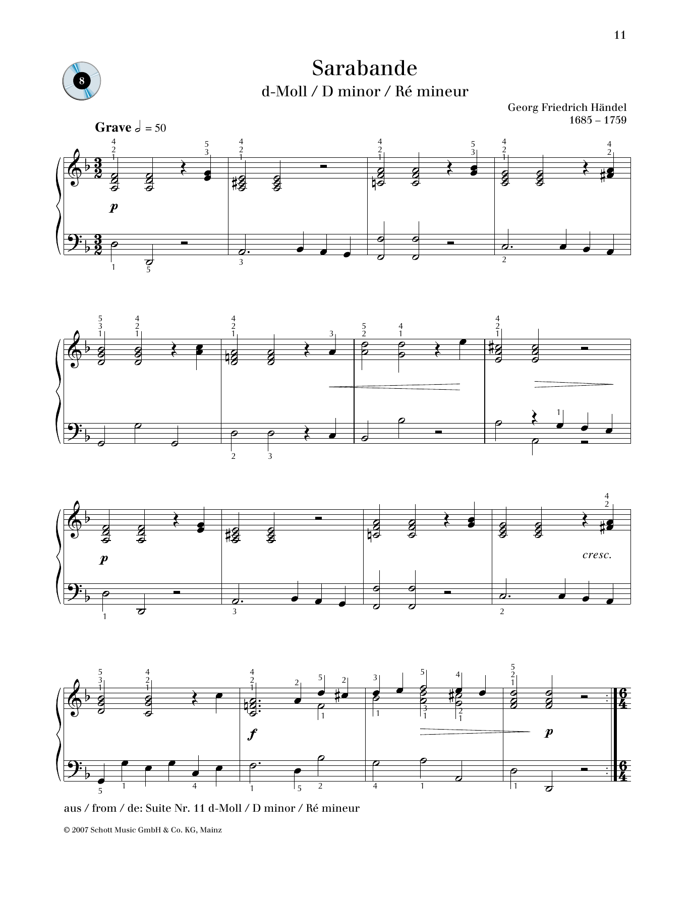 George Frideric Handel Sarabande D minor sheet music notes and chords arranged for Piano Solo