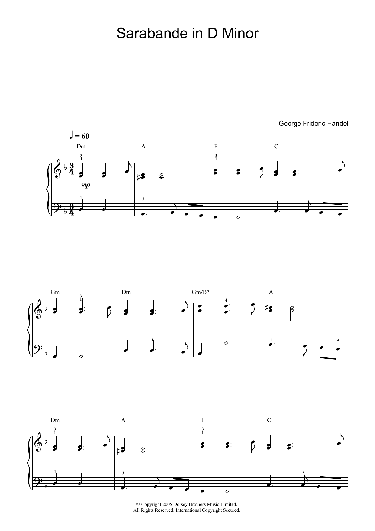 George Frideric Handel Sarabande (from Harpsichord Suite in D Minor) sheet music notes and chords arranged for Beginner Piano