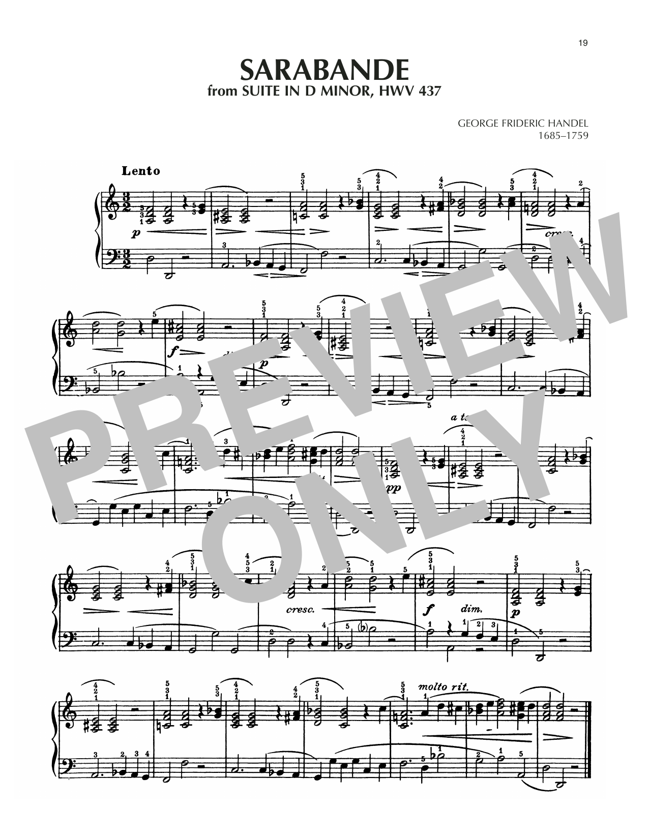 George Frideric Handel Sarabande, HWV 437 sheet music notes and chords arranged for Piano Solo