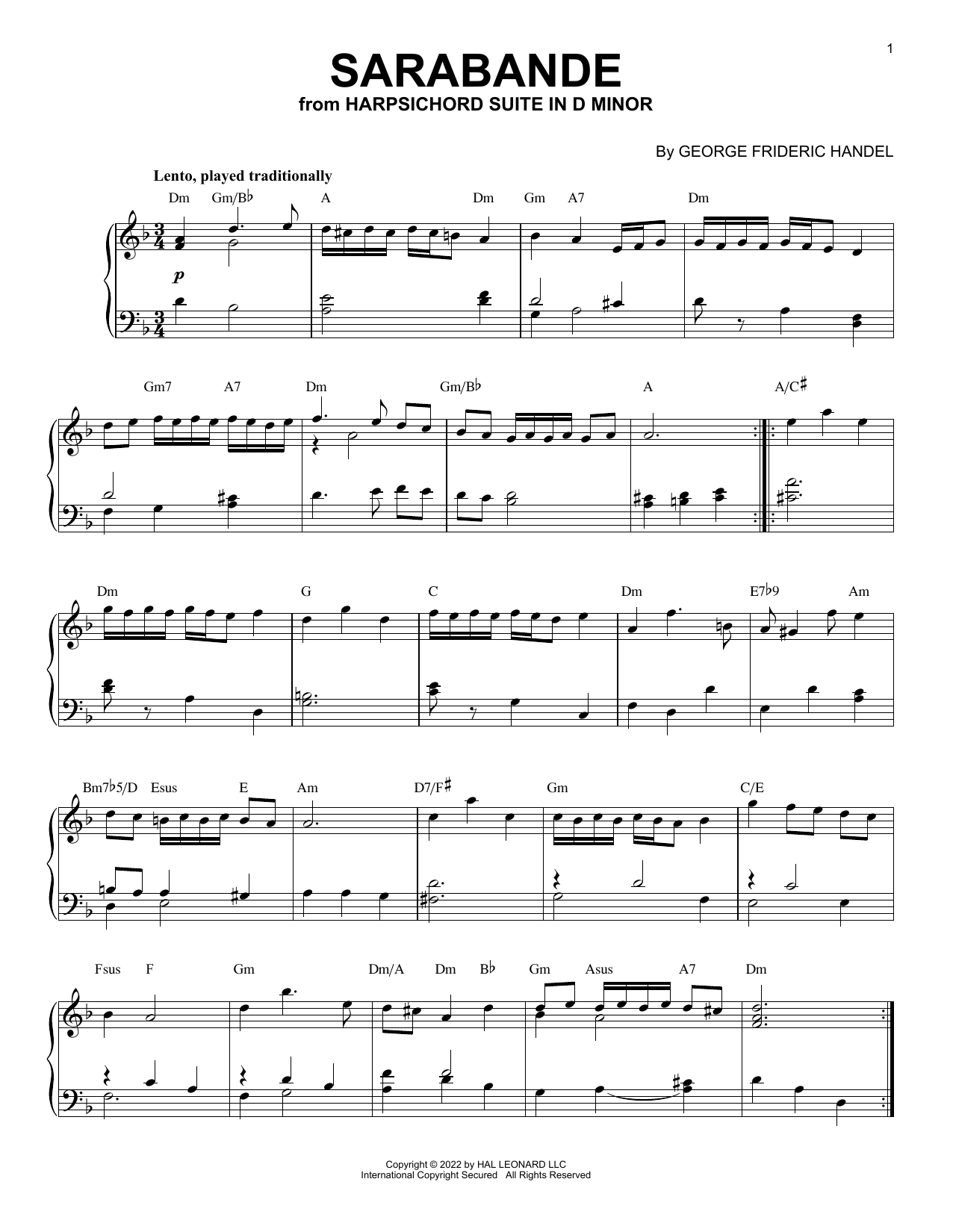 George Frideric Handel Sarabande In D Minor [Jazz version] (arr. Brent Edstrom) sheet music notes and chords arranged for Piano Solo
