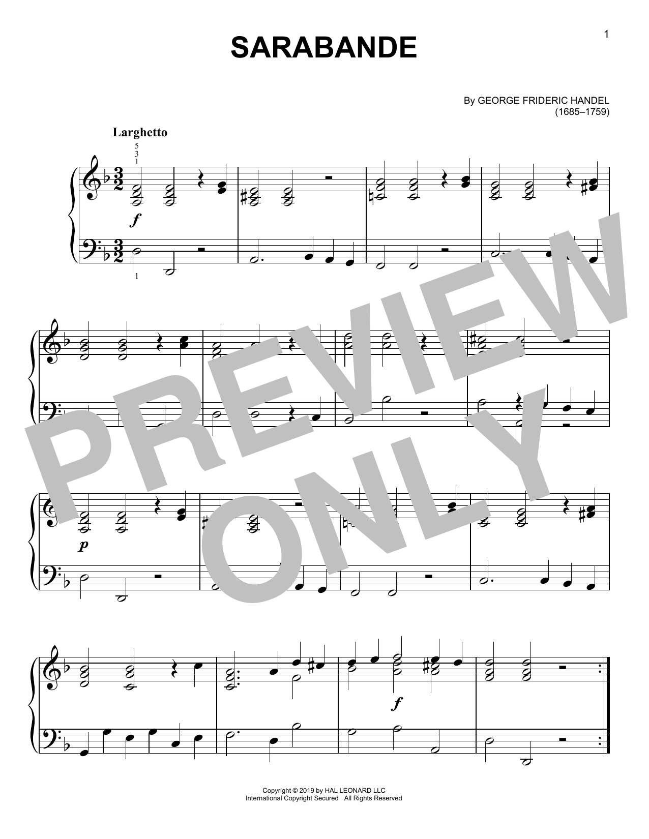 George Frideric Handel Sarabande sheet music notes and chords arranged for Easy Piano