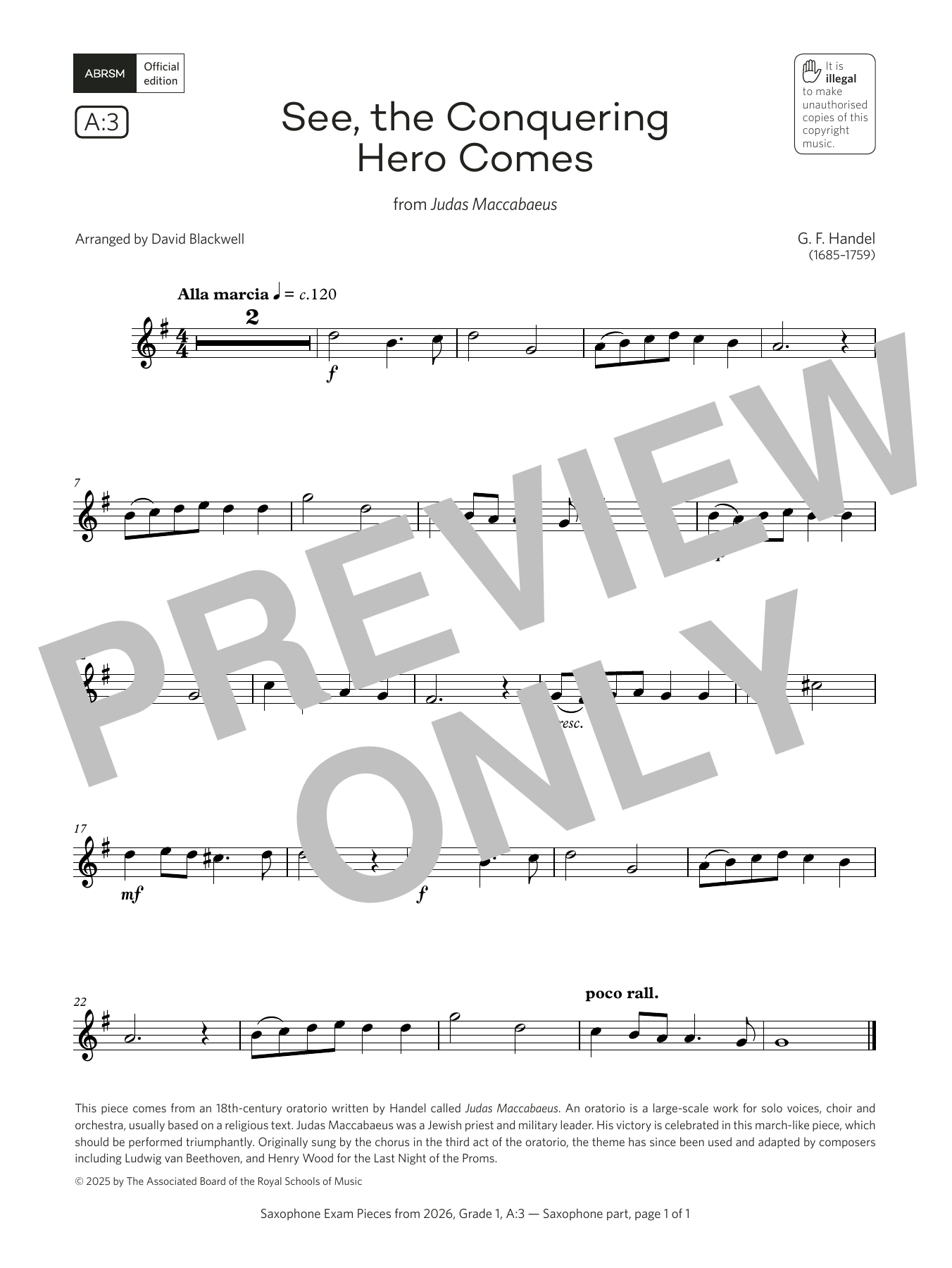 George Frideric Handel See, the Conquering (Grade 1, list A3, from the ABRSM Saxophone Syllabus from 2026) sheet music notes and chords arranged for Alto Sax Solo