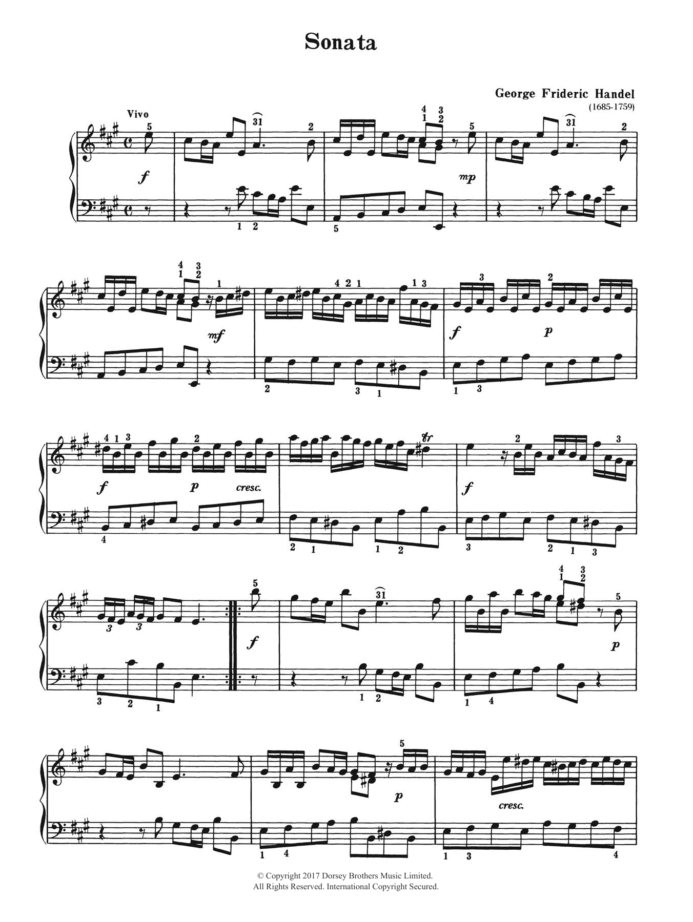 George Frideric Handel Sonata sheet music notes and chords arranged for Piano Solo