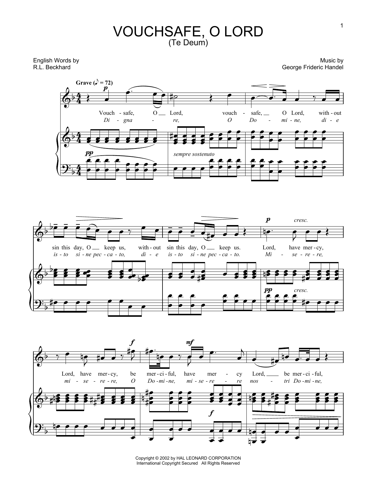 George Frideric Handel Te Deum (Vouchsafe, O Lord) sheet music notes and chords arranged for Piano & Vocal
