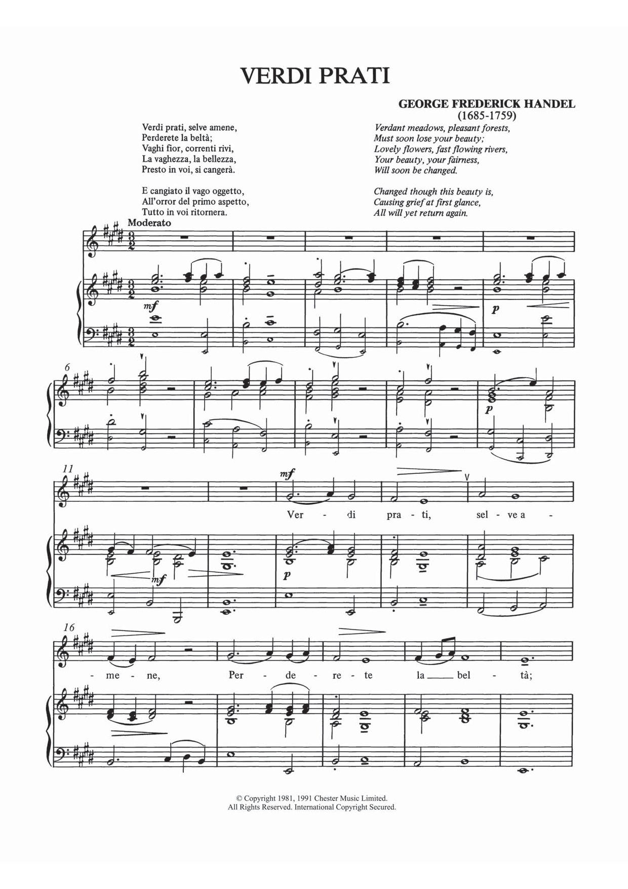 George Frideric Handel Verdi Prati sheet music notes and chords arranged for Piano & Vocal