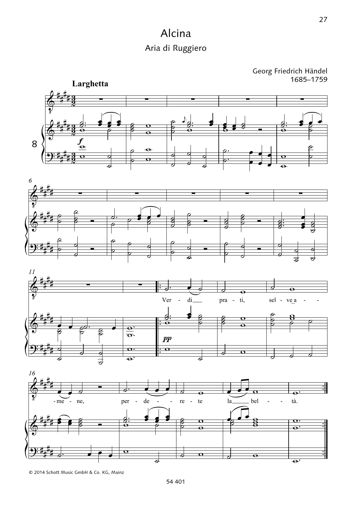 George Frideric Handel Verdi prati, selve amene sheet music notes and chords arranged for Piano & Vocal