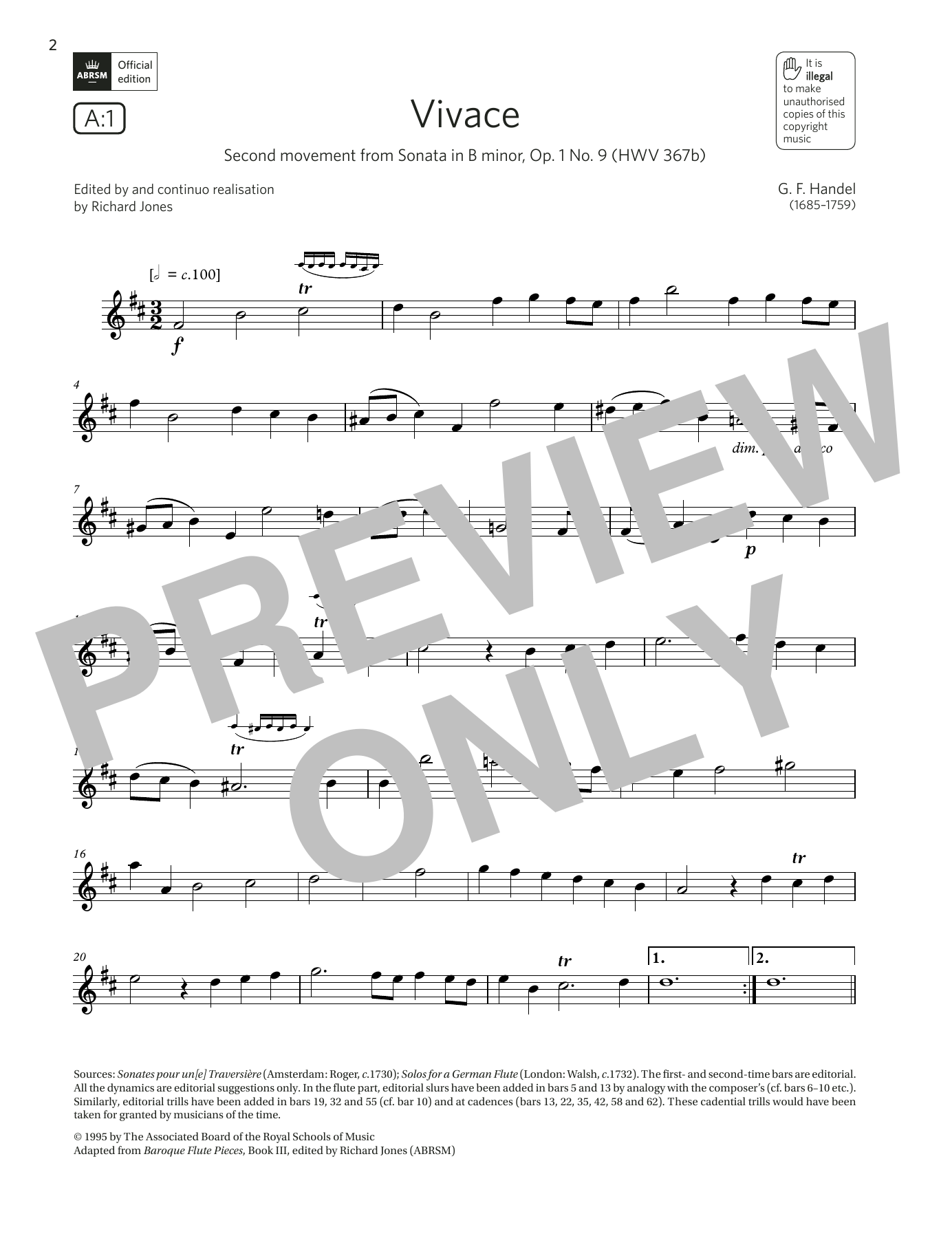 George Frideric Handel Vivace (from Sonata in B minor, Op.1 No.9)(Grade 5 List A1 from the ABRSM Flute syllabus from 2022) sheet music notes and chords arranged for Flute Solo