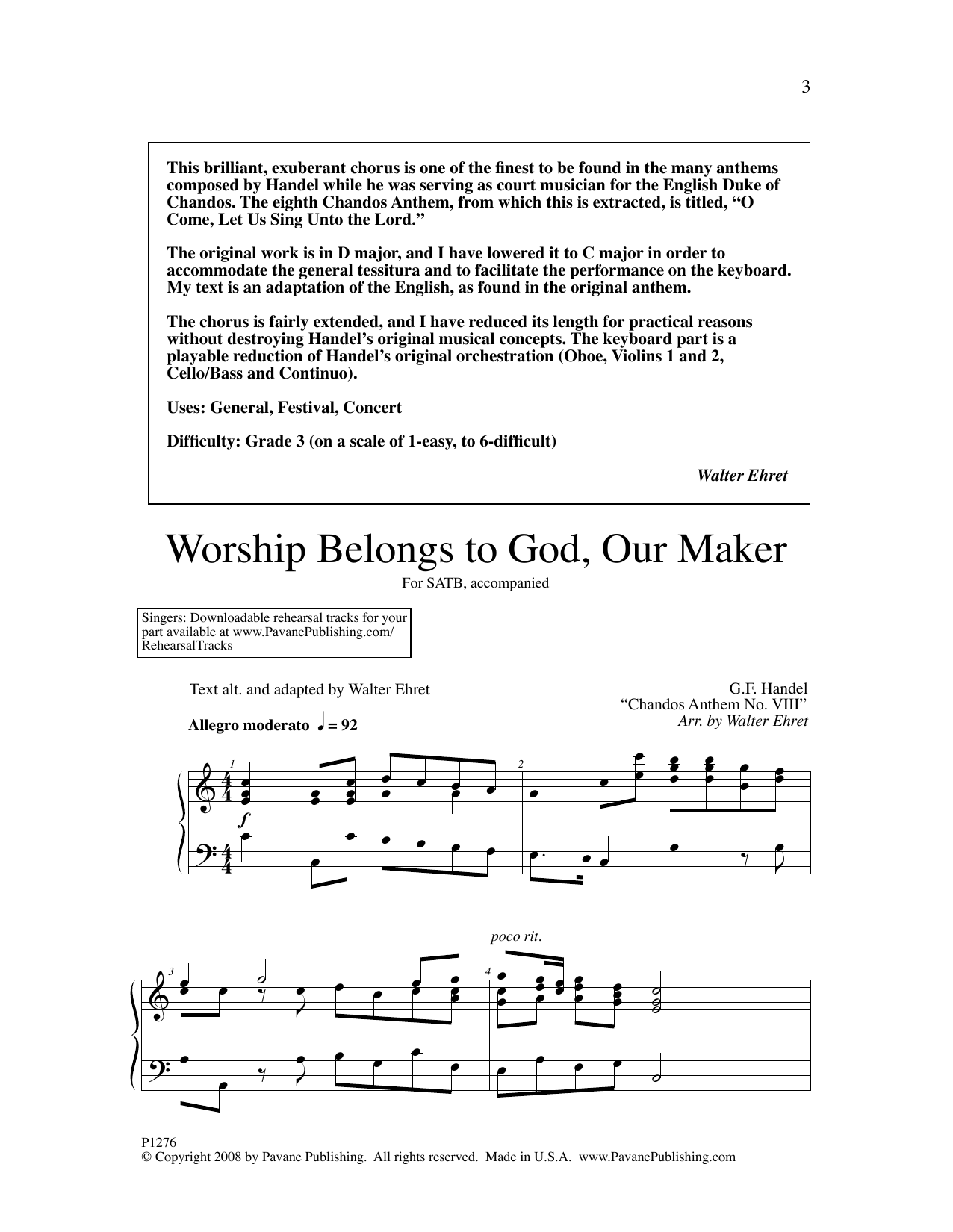 George Friedrich Handel Worship Belongs to God, Our Maker (arr. Walter Ehret) sheet music notes and chords arranged for SATB Choir