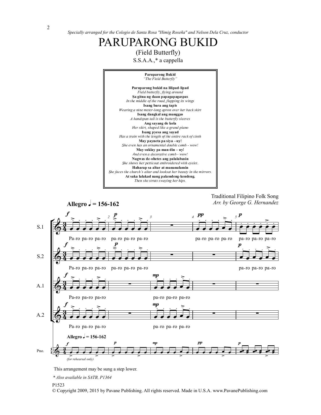 George G. Hernandez Paruparong Bukid sheet music notes and chords arranged for SSAA Choir