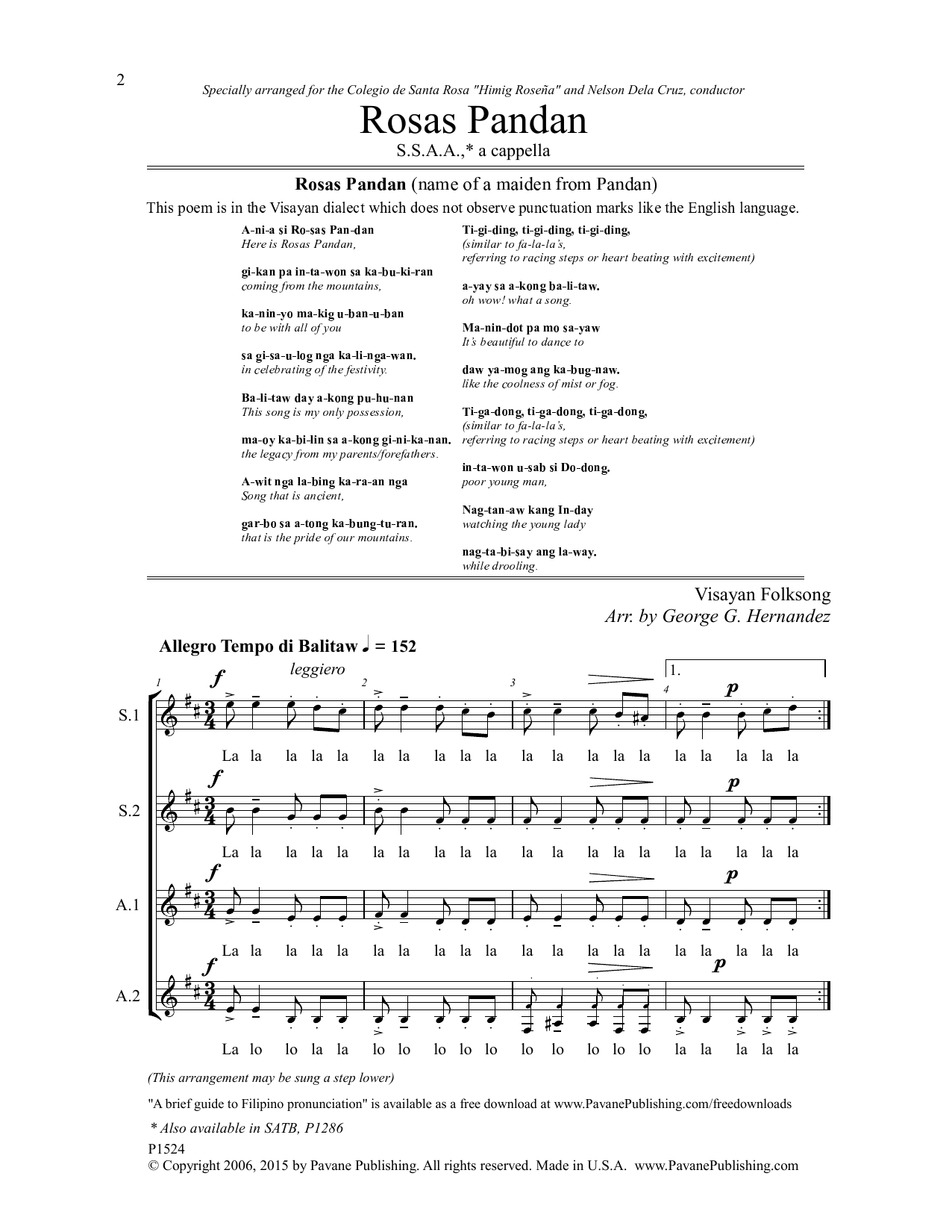 George G. Hernandez Rosas Pandan sheet music notes and chords arranged for SSAA Choir