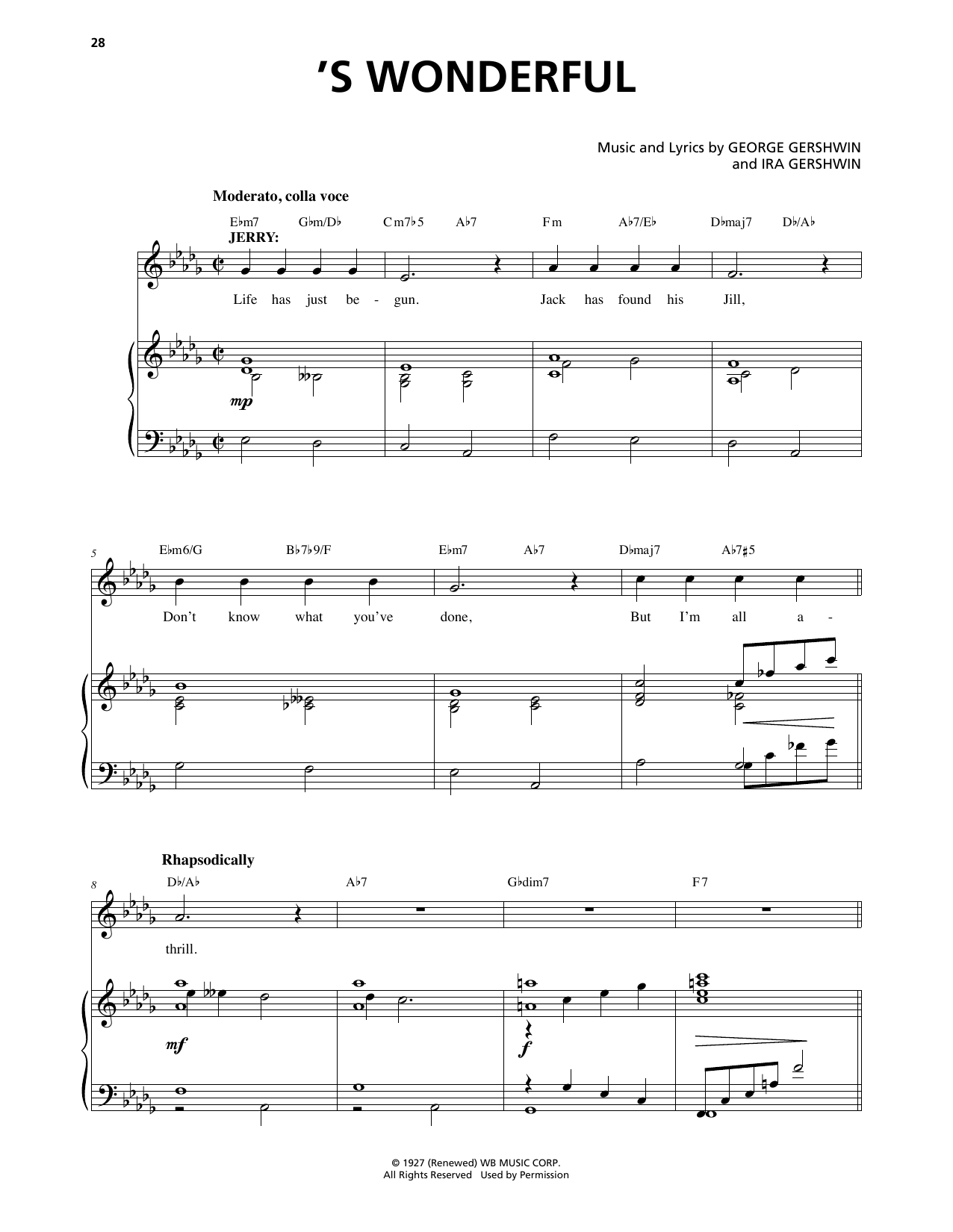 George Gershwin & Ira Gershwin 'S Wonderful (from An American In Paris) sheet music notes and chords arranged for Piano & Vocal