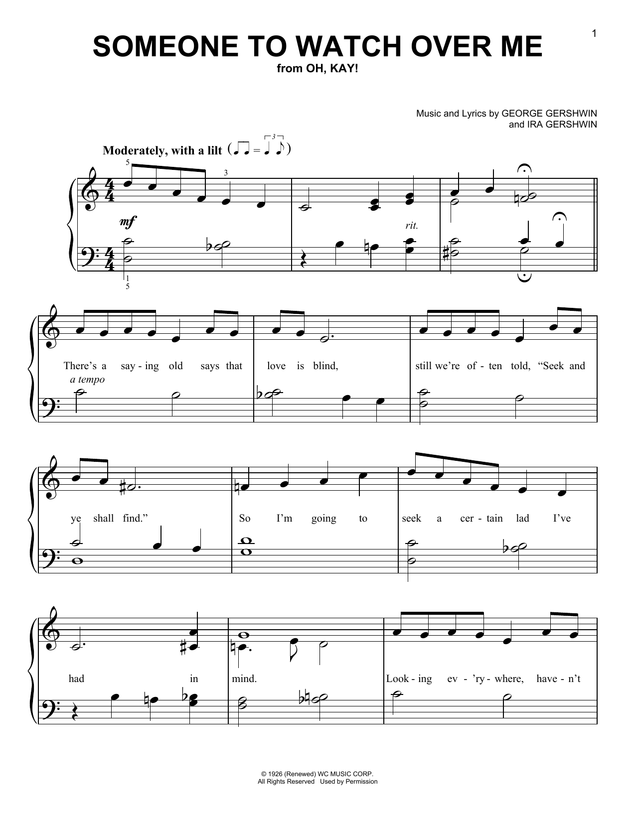 George Gershwin & Ira Gershwin Someone To Watch Over Me sheet music notes and chords arranged for Very Easy Piano