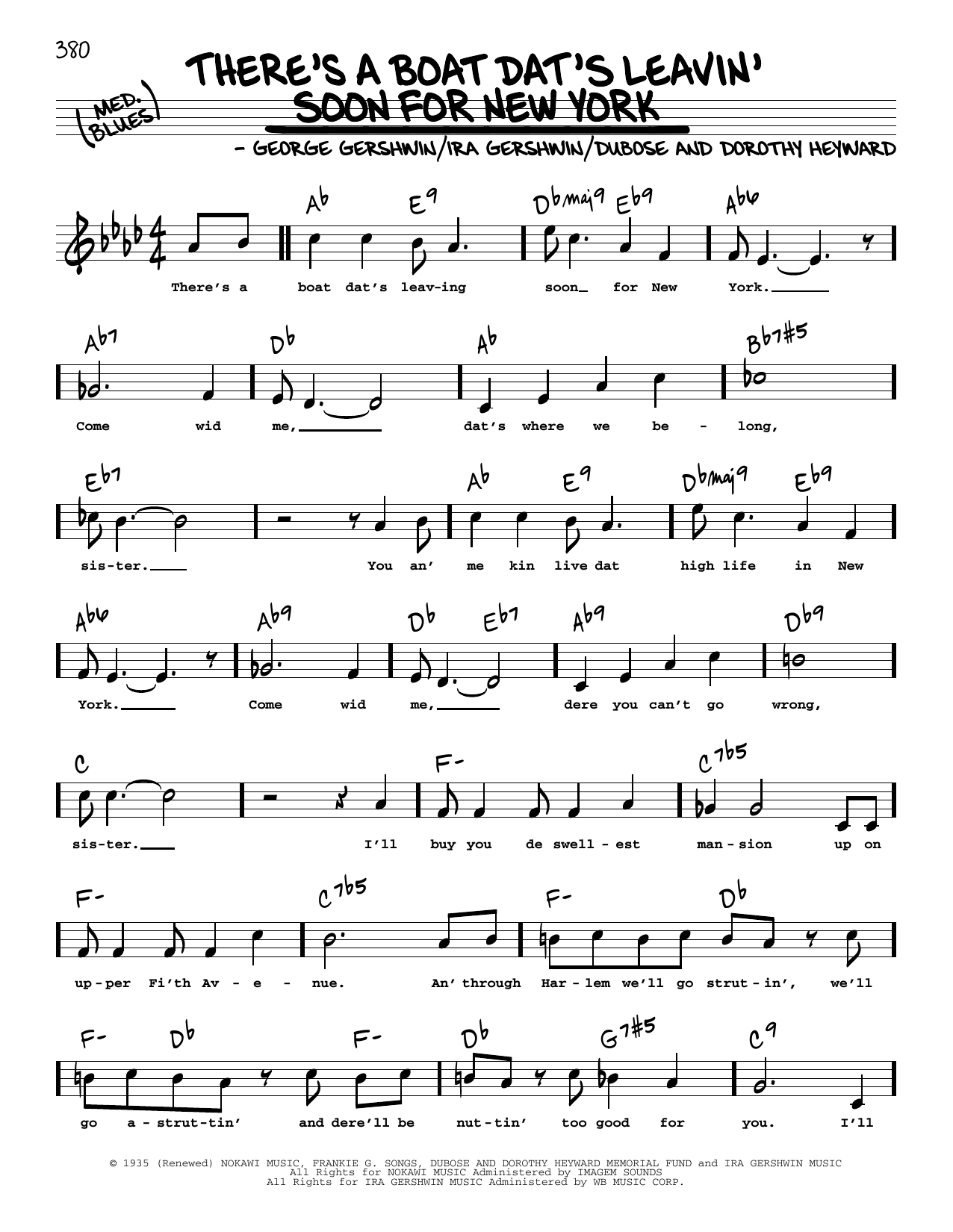 George Gershwin & Ira Gershwin There's A Boat Dat's Leavin' Soon For New York (High Voice) (from Porgy And Bess) sheet music notes and chords arranged for Real Book – Melody, Lyrics & Chords
