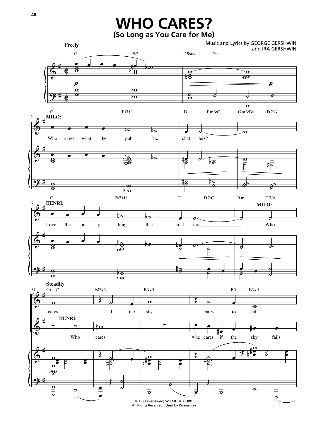 George Gershwin & Ira Gershwin Who Cares? (So Long As You Care For Me) (from An American In Paris) sheet music notes and chords arranged for Piano & Vocal