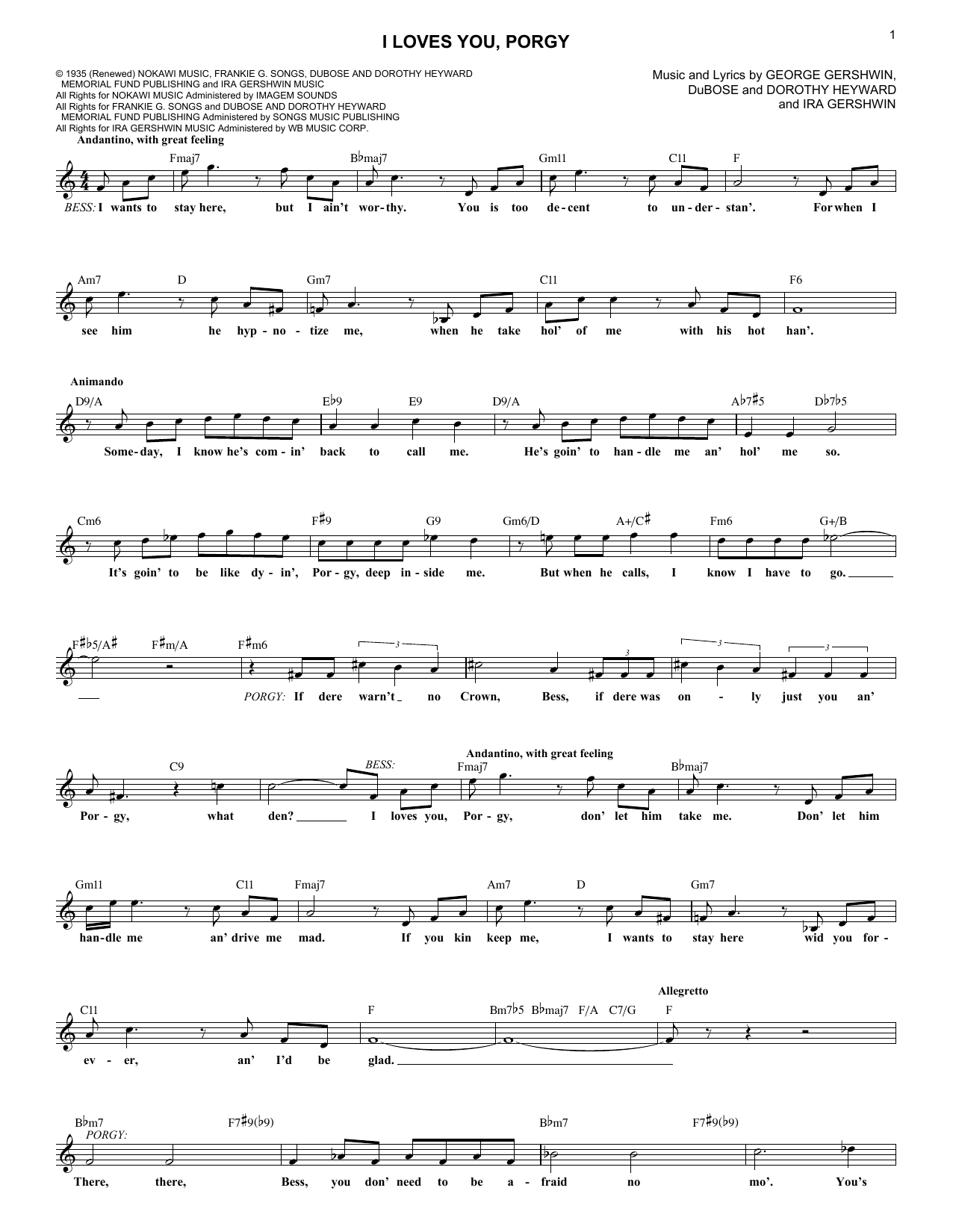 George Gershwin I Loves You, Porgy sheet music notes and chords arranged for Lead Sheet / Fake Book