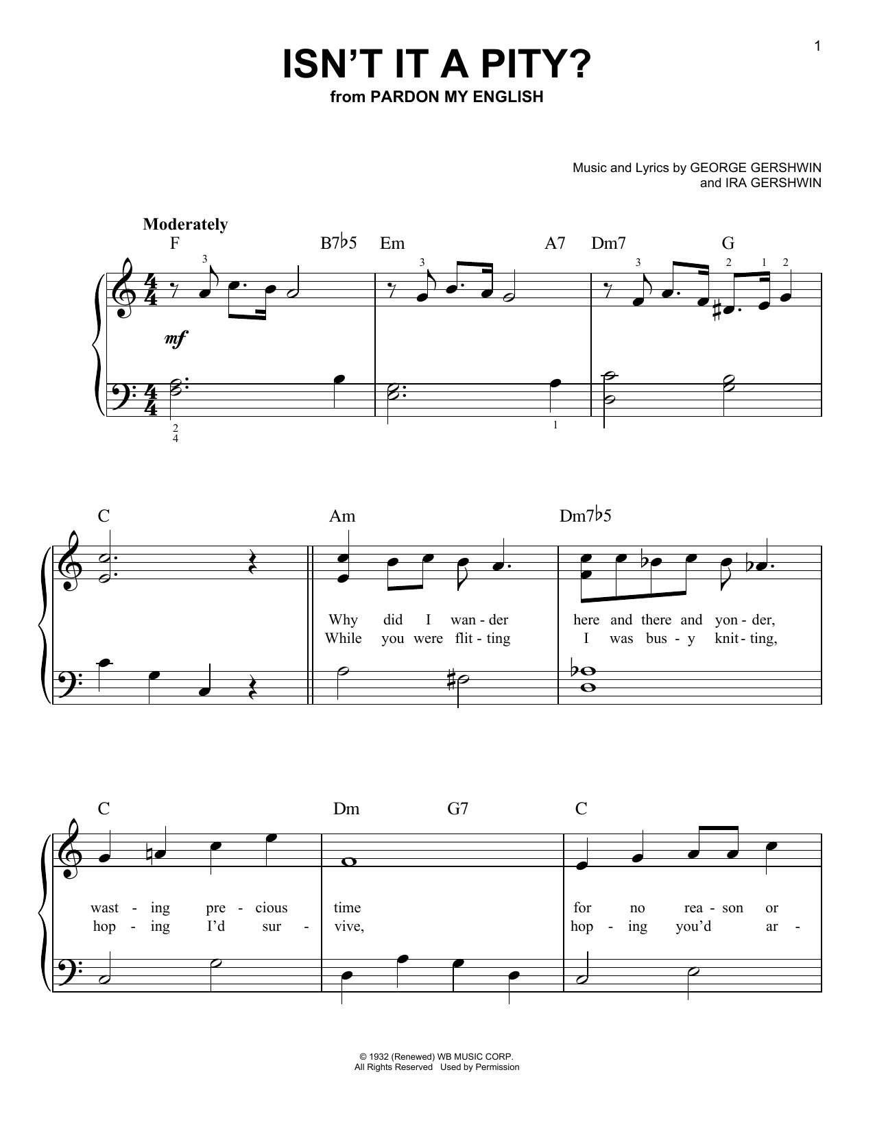 George Gershwin Isn't It A Pity? sheet music notes and chords arranged for Easy Piano