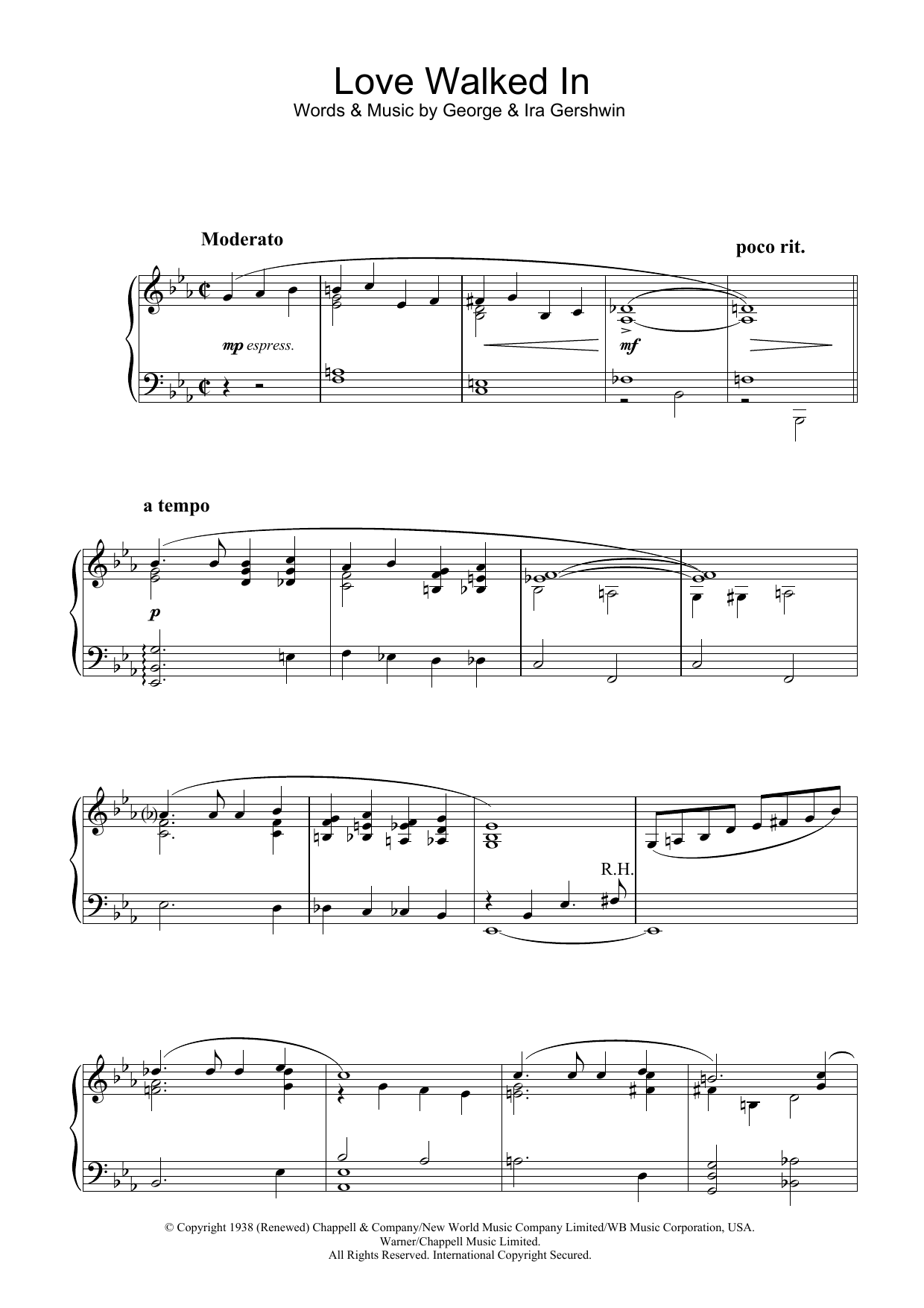 George Gershwin Love Walked In sheet music notes and chords arranged for Easy Piano