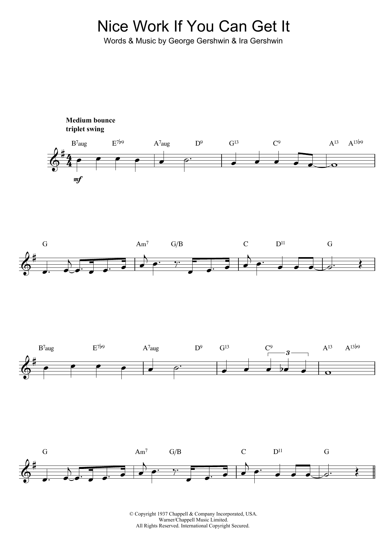 George Gershwin Nice Work If You Can Get It sheet music notes and chords arranged for Easy Piano