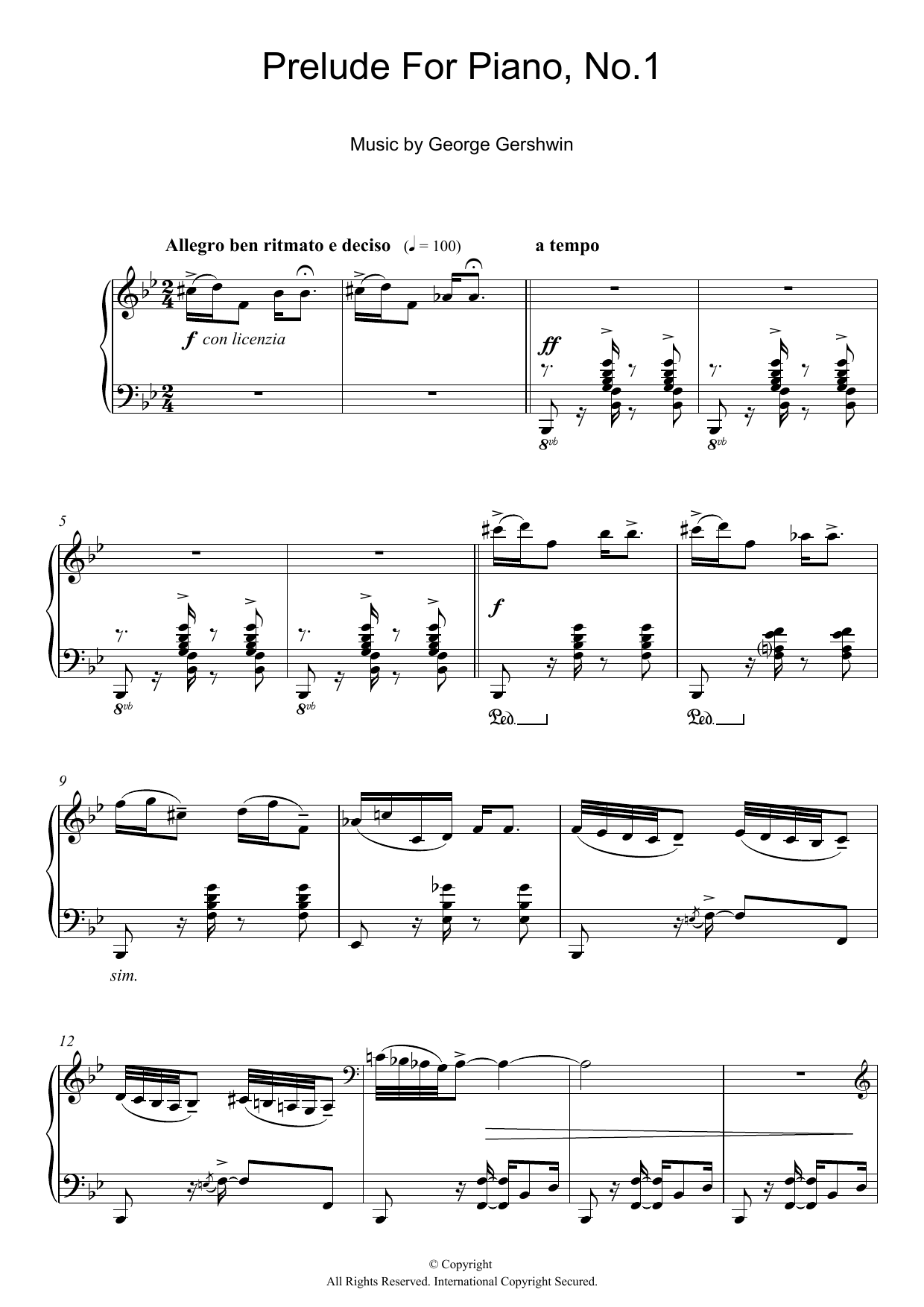 George Gershwin Prelude For Piano, No.1 sheet music notes and chords arranged for Piano Solo